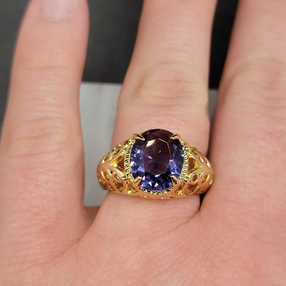 Gold Tone Simulated Purple Gemstone Butterfly Filigree Ring